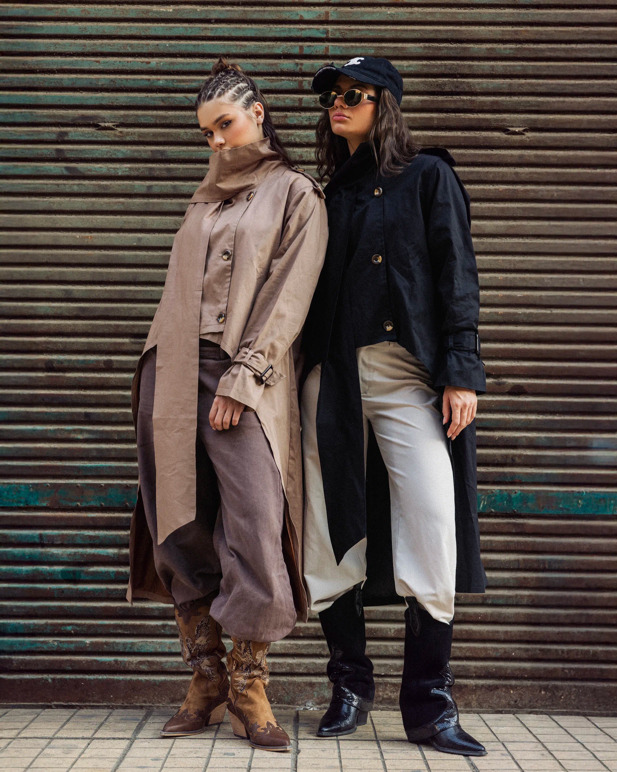 “Walking pose showcasing the beige A-Line Coat’s lightweight gabardine fabric and flared A-line silhouette.”