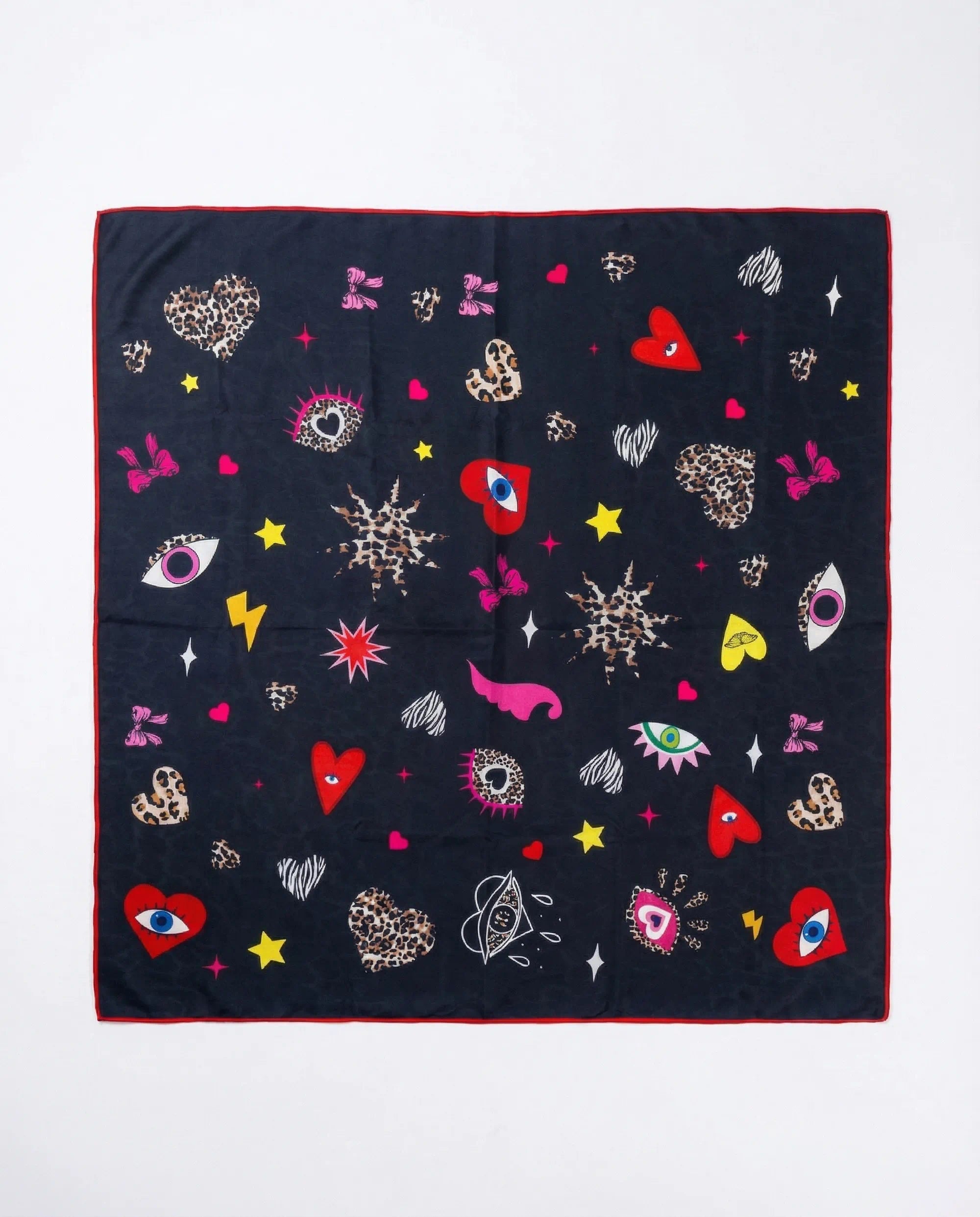 Navy blue square scarf with colorful abstract patterns on a white background